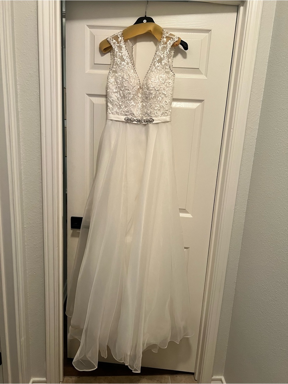 Mori Lee Ivory Lace V-Neck A-Line Wedding Gown with Jeweled Waist